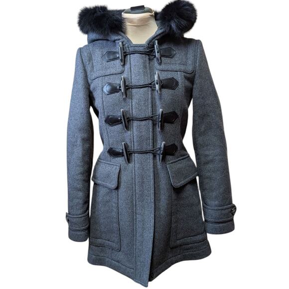 Burberry Brit Blackwell Toggle Wool Duffle Coat Gray XS Fur Trim Hood Jacket - Picture 2 of 5